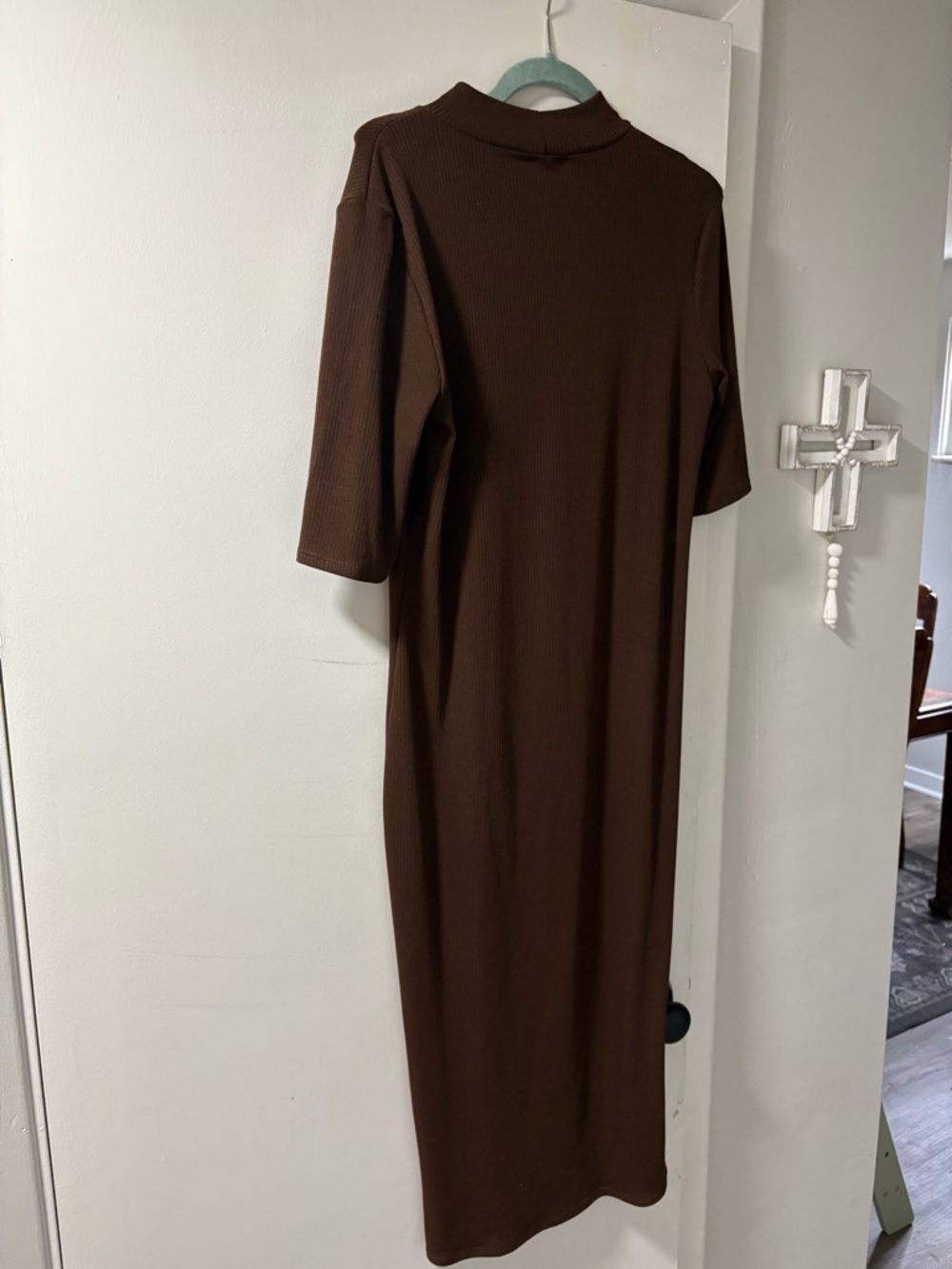 PinkBlush Brown Ribbed Mock Neck Maternity Midi Dress - Picture 3 of 5